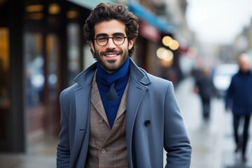 A man wearing a blue coat and glasses is smiling