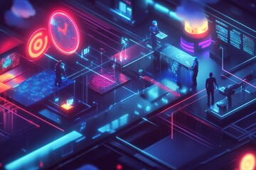 Futuristic data analysis event cybernetic hub digital art neon environment aerial viewpoint innovation concept