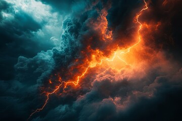 Fototapeta premium Dramatic Lightning Strike Illuminating Dark Storm Clouds with Fiery Orange Glow, Capturing the Power and Beauty of Natural Weather Phenomena in a Striking Composition