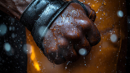 close up of wet fist gripping tightly, showcasing strength