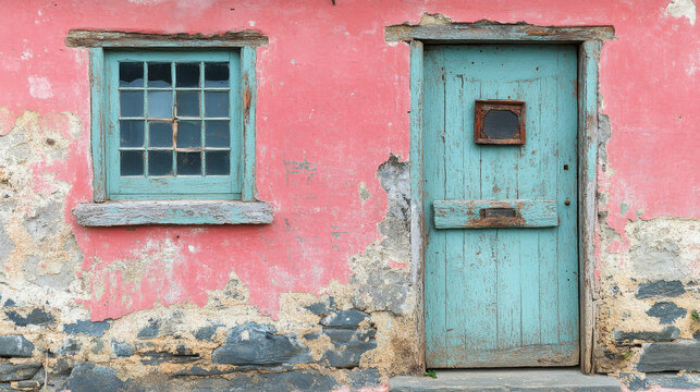 weathered pink wall with rustic blue door and window, showcasing peeling paint and aged textures, creates charming and nostalgic atmosphere