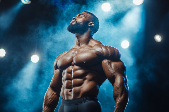 Strong muscular bodybuilder showing his perfect body posing on stage with smoke and spotlights