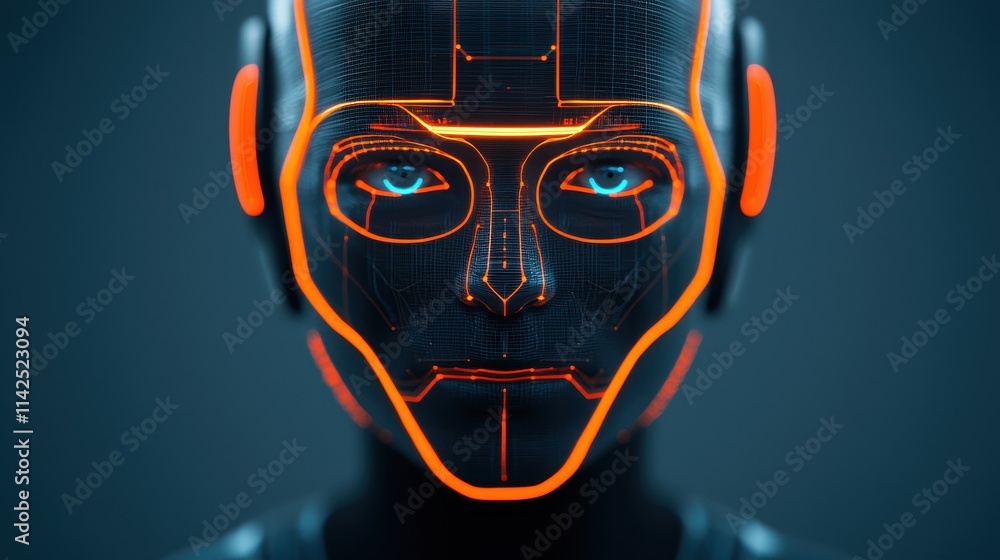 Poster a futuristic robotic face with glowing features, highlighting advanced technology and design in a sl