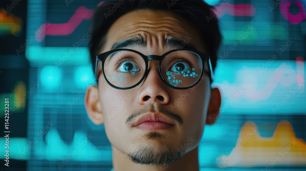Poster a man with glasses looks thoughtfully at data visualizations on a screen, indicating analysis or dec
