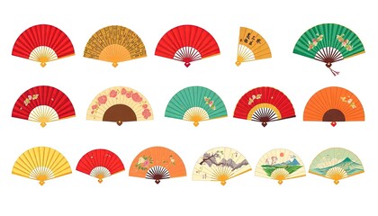 Chinese Fan Icon Set - Set Of Tuanshan With Art Flowers - Gongshan - Bian Mian - Reuni Fan - Traditional Hand Fan
