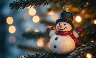 Festive snowman ornament on Christmas tree