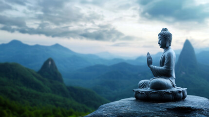 Fototapeta premium A tranquil Buddha sculpture sits peacefully against a breathtaking mountain landscape, embodying harmony and mindfulness amidst nature's beauty.