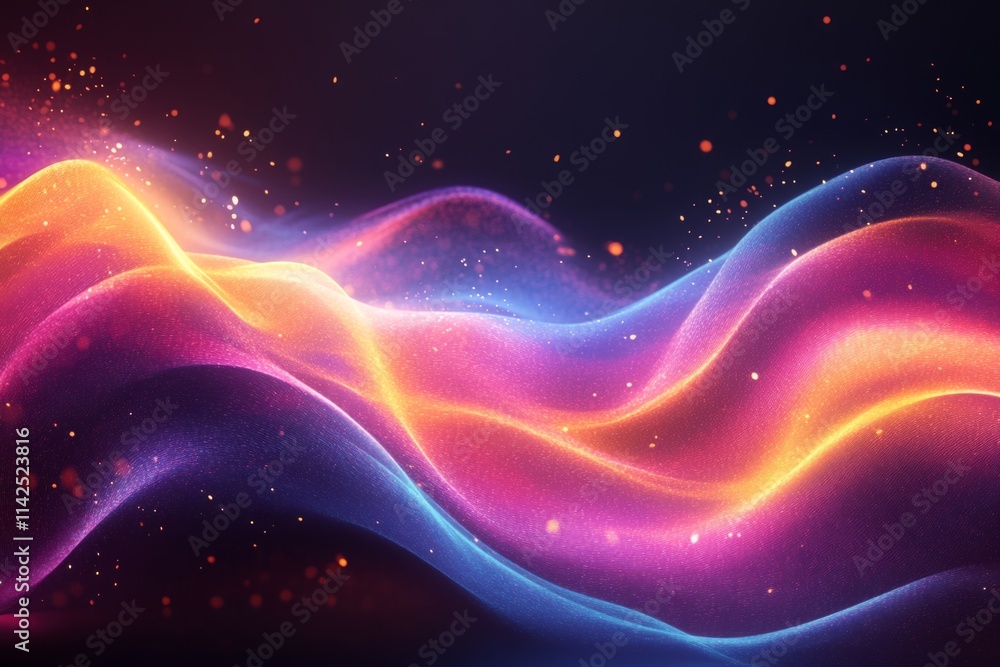 Poster abstract colorful waves flowing through sparkling particles in a cosmic space background