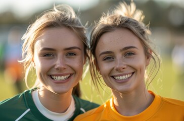 Obraz premium Two smiling female soccer players pose together on a sunny day, showcasing friendship and teamwork on the field.