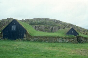 Traditional houses with grass on roof in Iceland. Sk&oacute;gar Museum. 1990