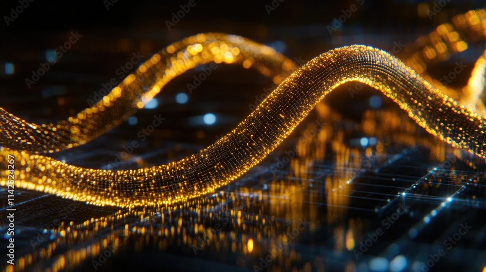 Poster a swirling vortex of 3d particles merging into flat, geometric shapes, creating a dynamic visual dim
