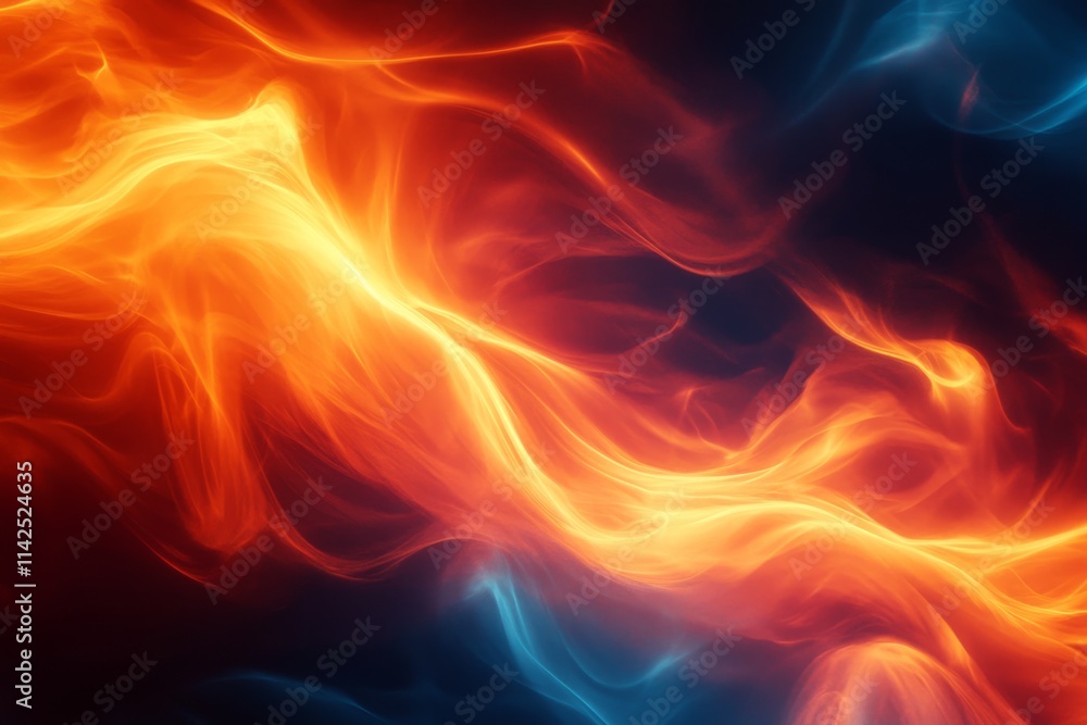 Poster abstract background showcasing a dynamic collision of fiery orange and icy blue waves, creating a me