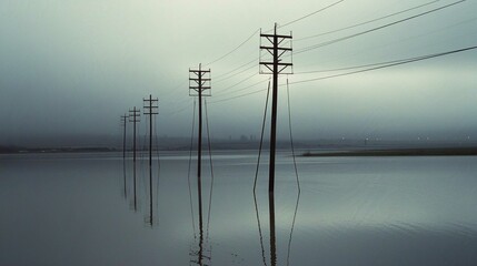 Electricity Power Lines Against a Blue Sky at Sunset in a Green Landscape