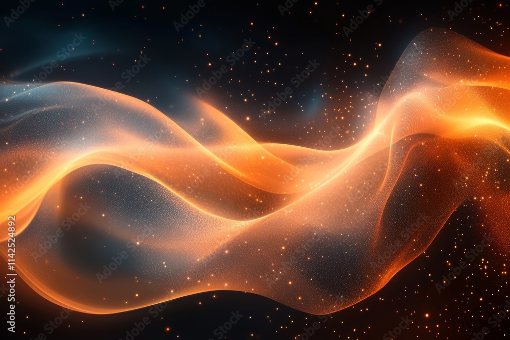 Poster abstract orange wave flowing across dark background with glittering particles