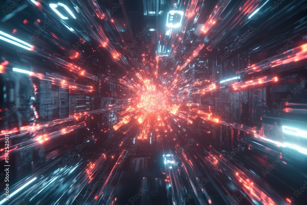 Poster dynamic burst of light and color in a futuristic digital environment, representing speed, energy, an