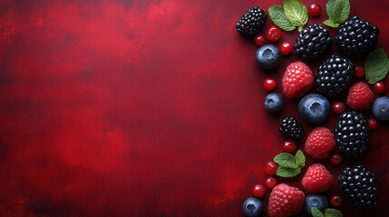 Fresh berries on vivid red background create mouthwatering display. assortment includes blueberries, raspberries, blackberries, and red currants, garnished with mint leaves