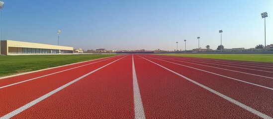 Red Running Track at a Stadium Under a Clear Blue Sky