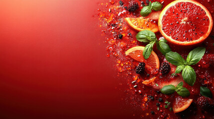Fresh citrus fruits and vibrant berries arranged on vivid red background create mouthwatering display. combination of textures and colors evokes sense of freshness and vitality