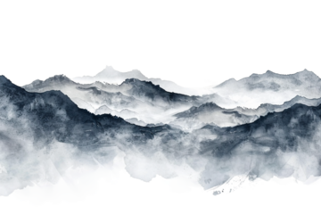 Artistic Watercolor Depiction of Black and White Misty Mountain Range Isolated on Transparent Background