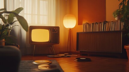 Cozy vintage living room with classic television and records