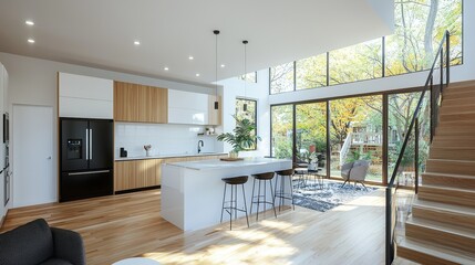 Stylish modern kitchen featuring integrated appliances, sleek cabinetry, and a functional breakfast bar, showcasing a contemporary design perfect for home cooking, entertaining, and daily living.