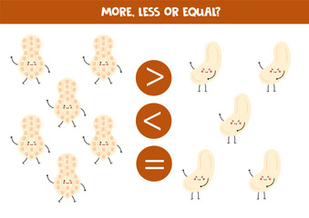 More, less, equal with cartoon nuts. Peanuts and cashews.