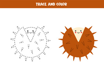Trace and color cartoon chestnut. Printable worksheet for children.