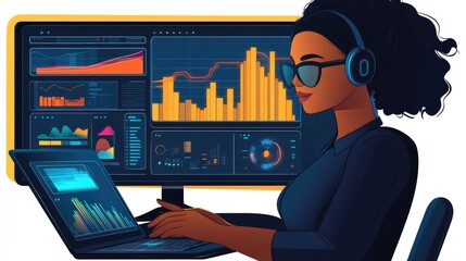 A woman in IT performing a system upgrade on a company's network, using a laptop to monitor progress.