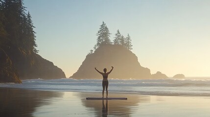 Fototapeta premium A woman practicing yoga on a beach at sunrise, her body flowing through peaceful poses as the waves crash nearby