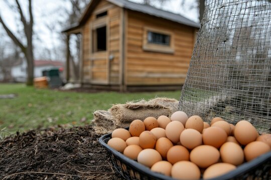 Wire basket full of fresh organic chicken eggs in front of hen house at local farm - Powered by Adobe