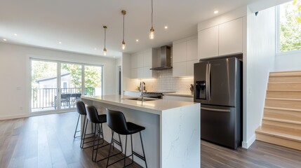 Stylish modern kitchen featuring integrated appliances, sleek cabinetry, and a functional breakfast bar, showcasing a contemporary design perfect for home cooking, entertaining, and daily living.