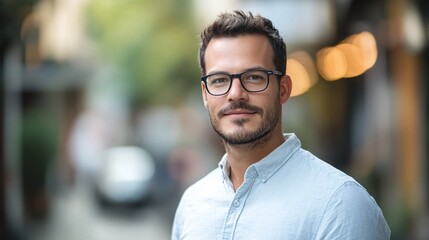 Fototapeta premium Young professional businessman is smiling in urban city background