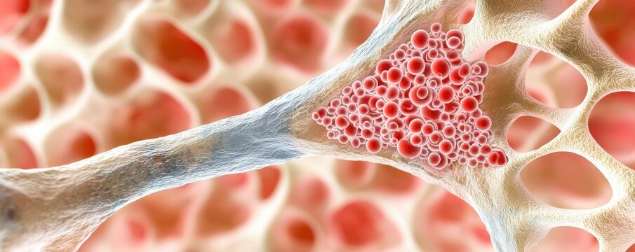 The image depicts a close-up of bone tissue, showcasing intricate networks of bone cells and red marrow within a porous structure.