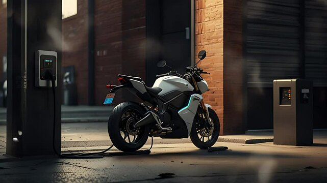 A electric sports bike charging. Seamless 4K looping timelapse video animation background