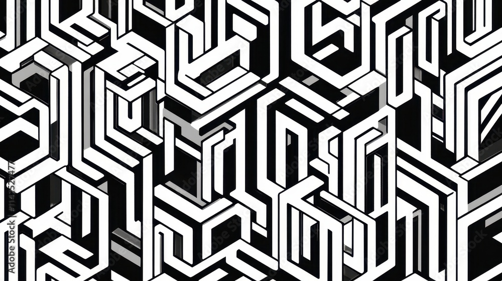 Poster abstract maze pattern design in black and white color scheme