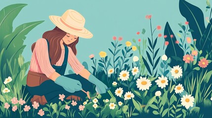 Woman Gardening in a Vibrant Flower Garden Illustration