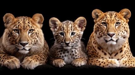 Fototapeta premium Three leopards are laying down on a black background