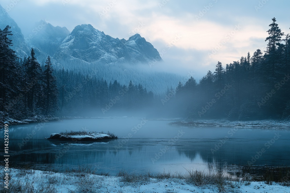 Poster fog hovering over a pristine lake reflecting snowy mountains and pine trees at dawn