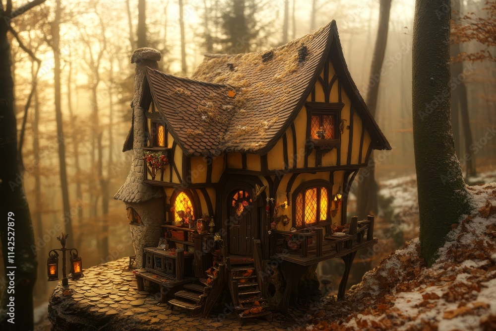 Poster enchanting small house nestled in a misty forest setting with warm illuminated windows and rustic ch