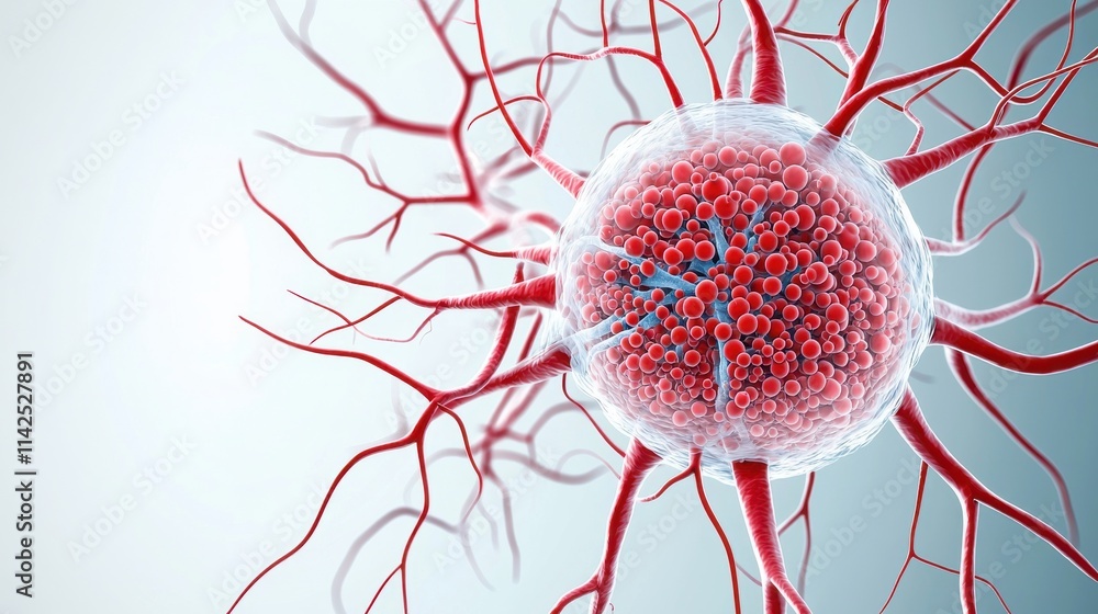 Poster a detailed illustration of a red cell with branching structures, highlighting cellular components in
