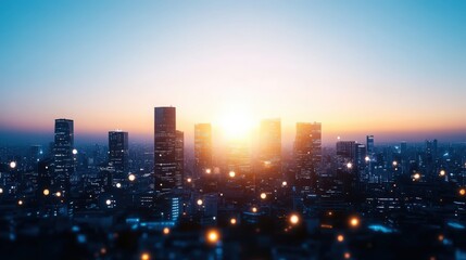 Fototapeta premium A city skyline with a bright sun shining over it
