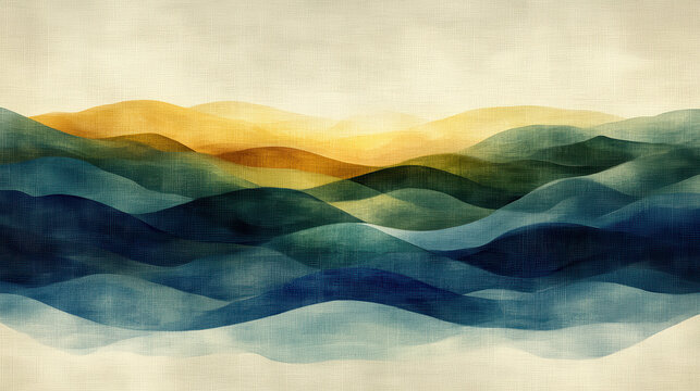 Soft, abstract landscape featuring flowing waves in muted tones of blue, green, and gold, evoking serene and tranquil atmosphere