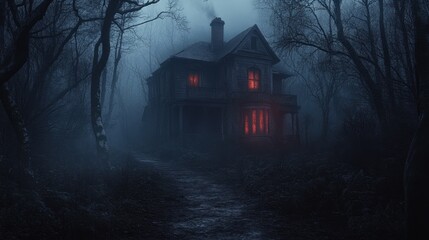 Eerie Abandoned House Illuminated by Red Light in Foggy Forest Night
