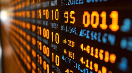 Digital display of binary code representing data flow, showcasing numbers and patterns in vibrant orange and blue hues, creating dynamic visual effect