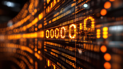 Digital representation of binary code flowing in abstract matrix, showcasing data transmission and technology. vibrant orange tones create dynamic visual effect