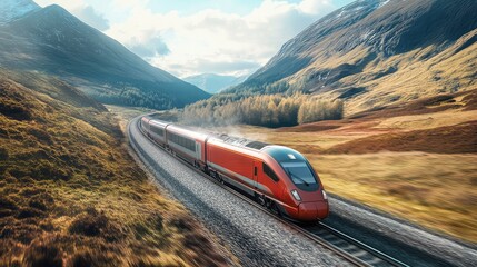 A dynamic shot of a high-speed train speeding through a mountain valley, with tracks cutting through rugged terrain