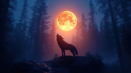 Majestic wolf howling under full moon in misty forest. scene captures beauty of nature and evokes sense of mystery and wilderness