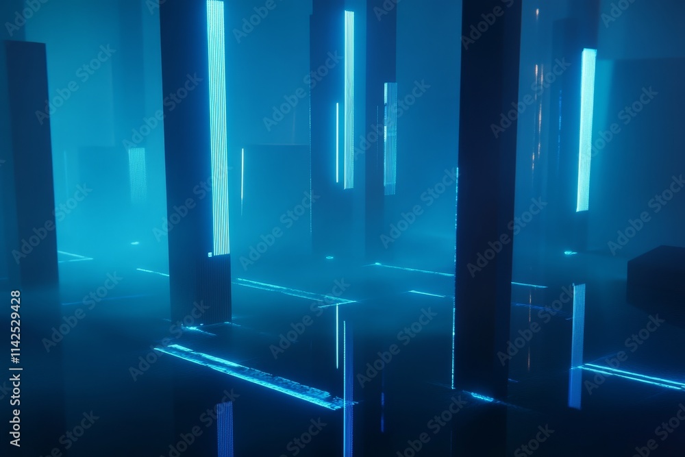 Poster ethereal and futuristic scene with illuminated columns and misty atmosphere, showcasing a modern and