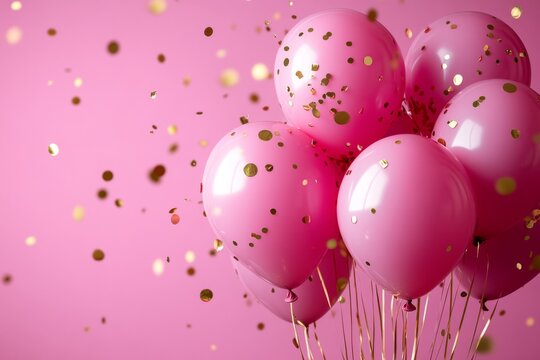 Festive pink balloons decorated with golden confetti creating a celebratory atmosphere