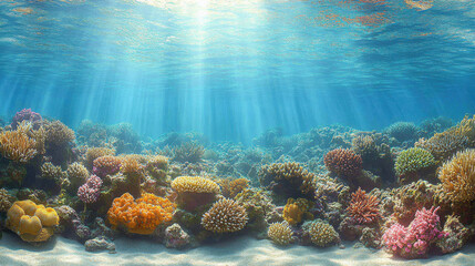 Fototapeta premium vibrant underwater scene showcasing colorful coral reefs illuminated by sunlight. serene ocean environment evokes sense of calm and beauty, perfect for nature lovers